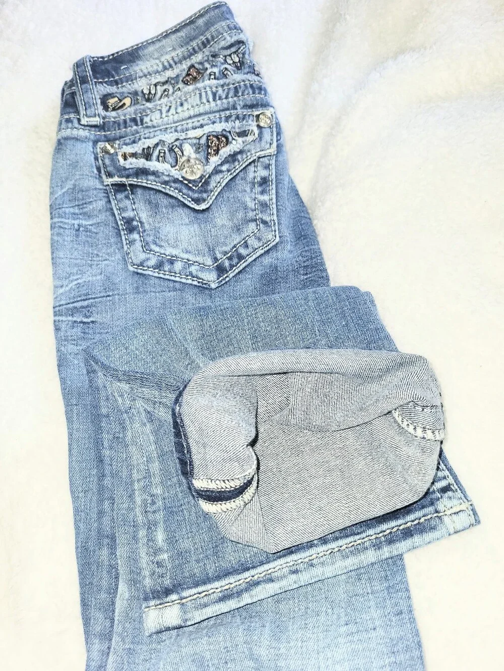 NWOT Miss Me Rare Cowboy Western Theme Premium Denim Jeans Tailor Boot Size 27 - Picture 15 of 16